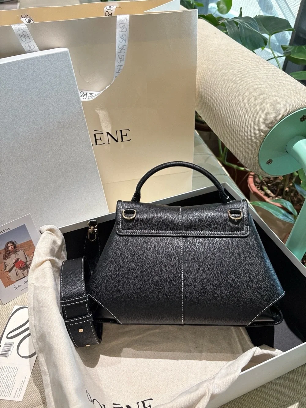 Polène Black Leather Satchel with Top Handle